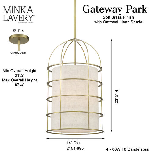 Gateway Park 4 Light 14 inch Soft Brass Pendant Ceiling Light